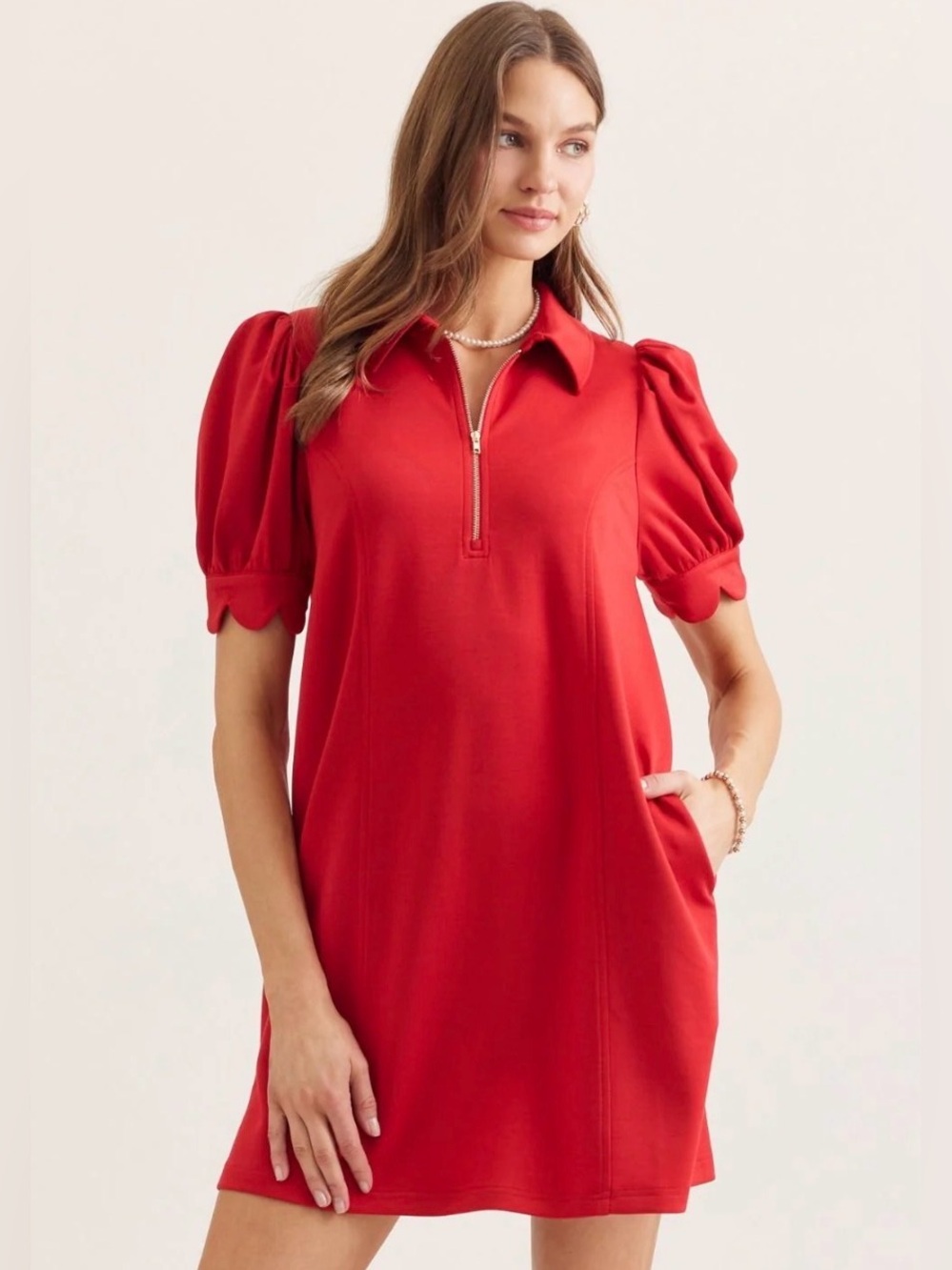Entro Red Zip Scallop Puff-Sleeve Dress. Size Small